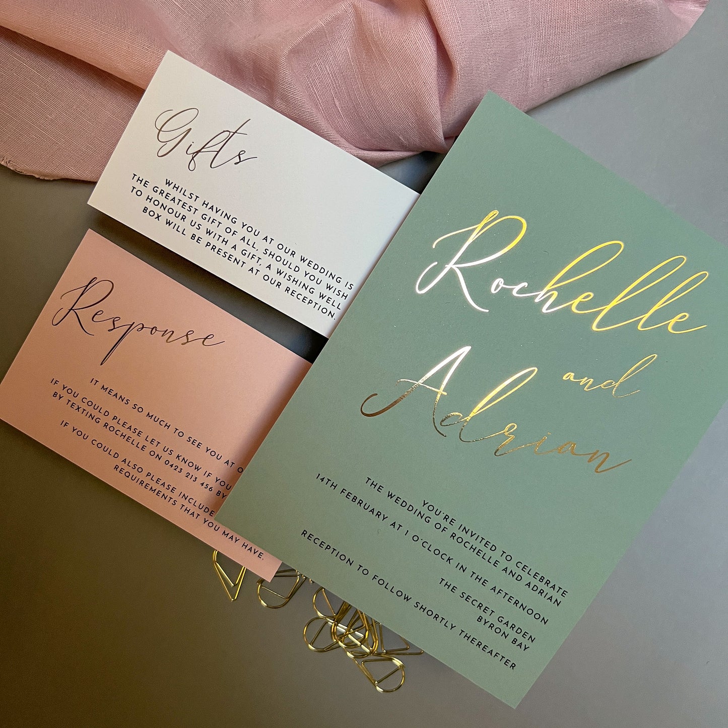 "Rochelle" Sage Green and Gold Foil Wedding Invitation Suite - Glitzy Prints