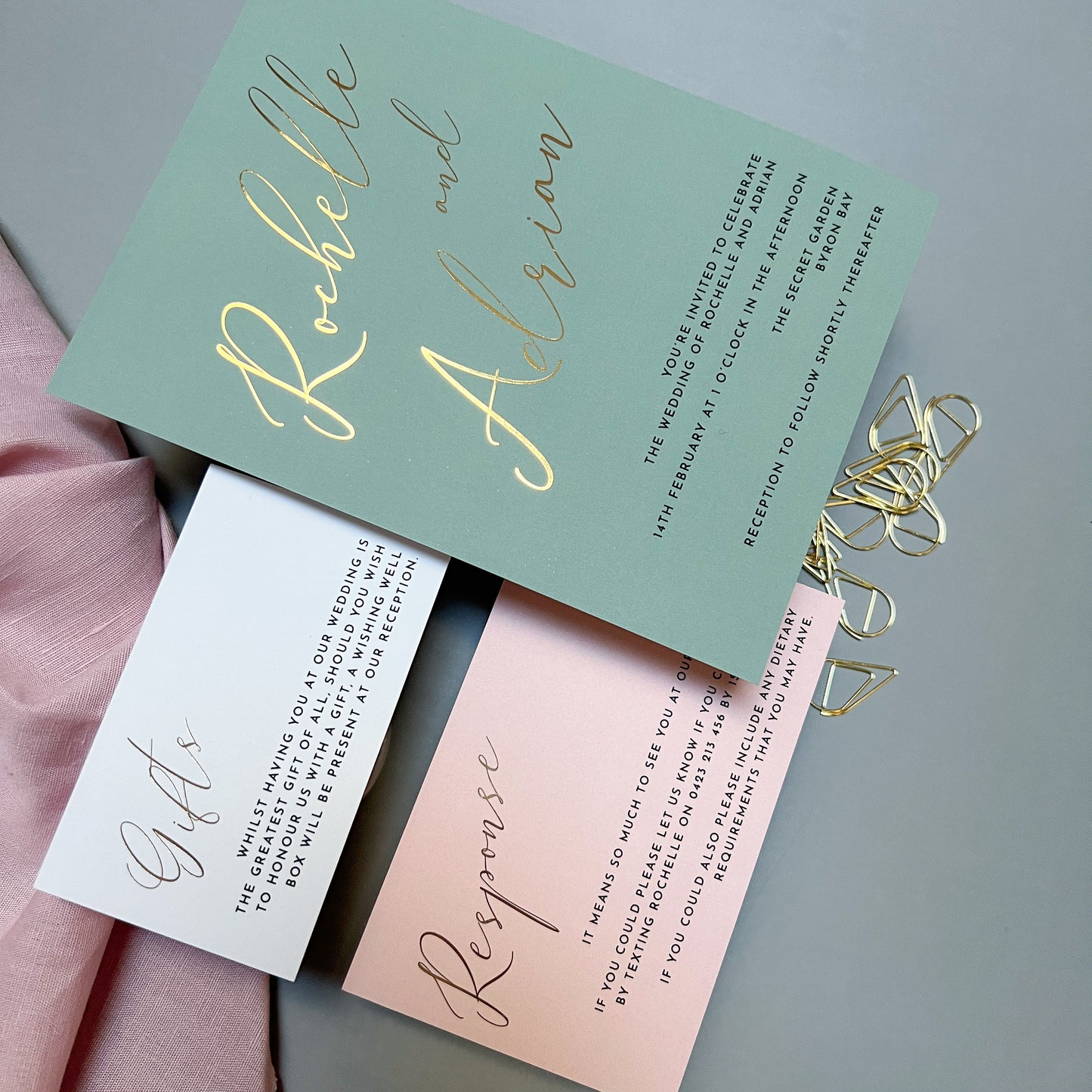"Rochelle" Sage Green and Gold Foil Wedding Invitation Suite - Glitzy Prints