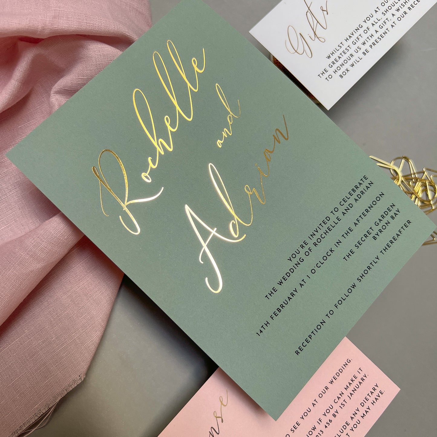 "Rochelle" Sage Green and Gold Foil Wedding Invitation Suite - Glitzy Prints