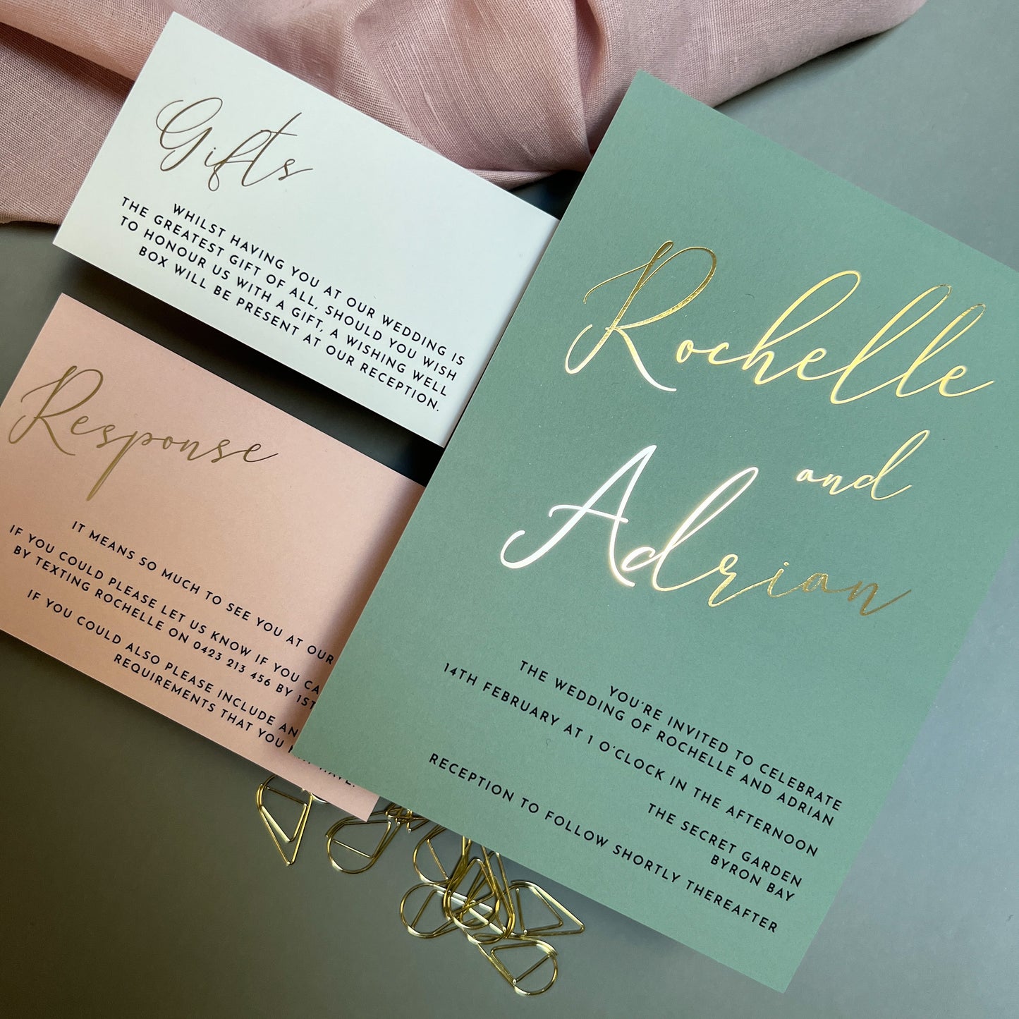 "Rochelle" Sage Green and Gold Foil Wedding Invitation Suite - Glitzy Prints