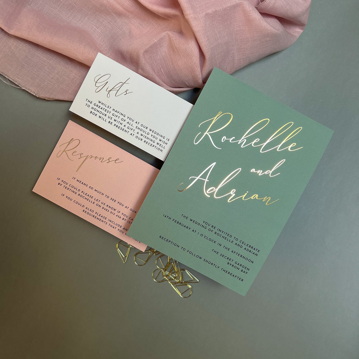 "Rochelle" Sage Green and Gold Foil Wedding Invitation Suite - Glitzy Prints