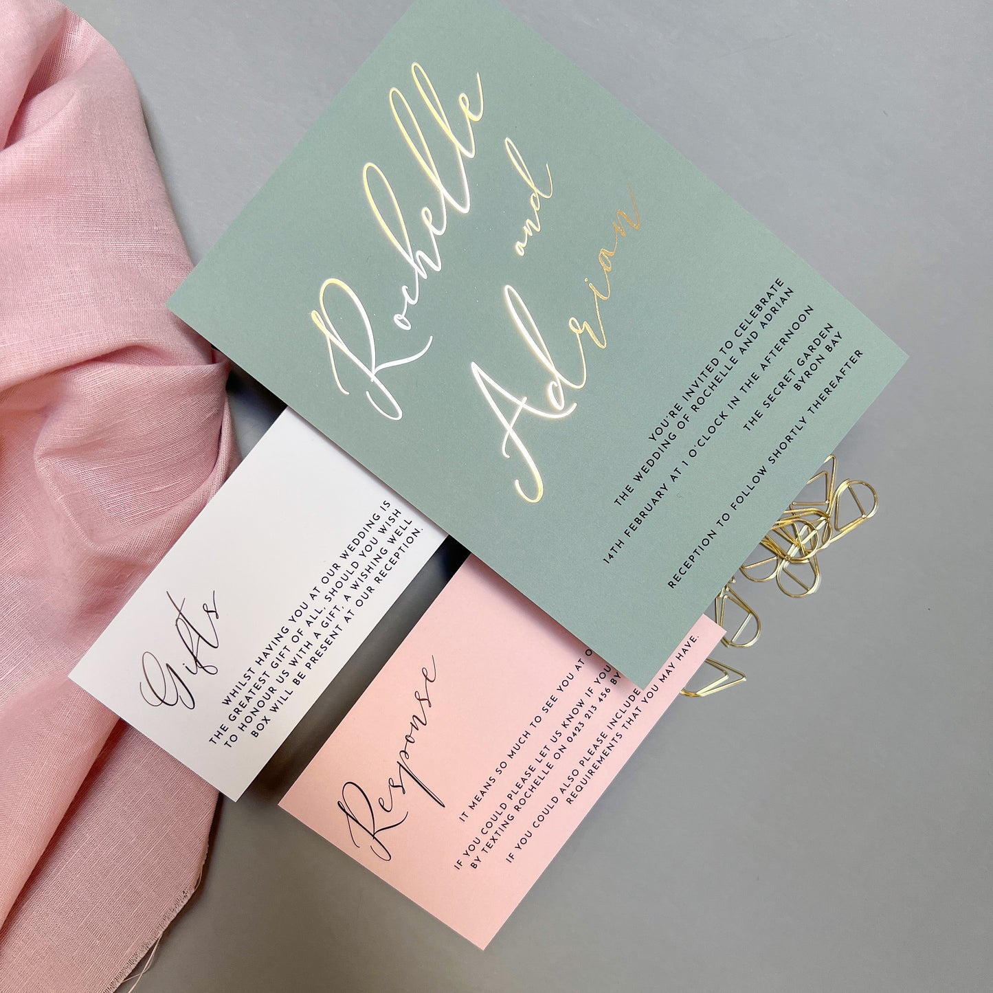 "Rochelle" Sage Green and Gold Foil Wedding Invitation Suite - Glitzy Prints