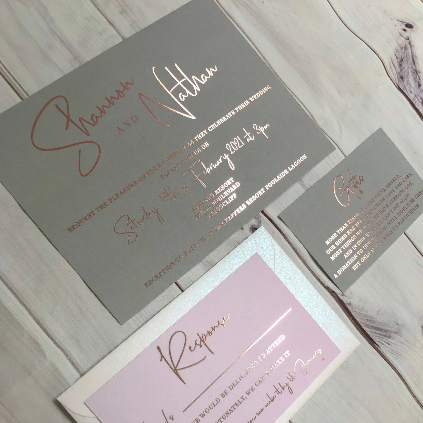 "Shannon" Grey and Pink Foil Wedding Invitation Suite - Glitzy Prints