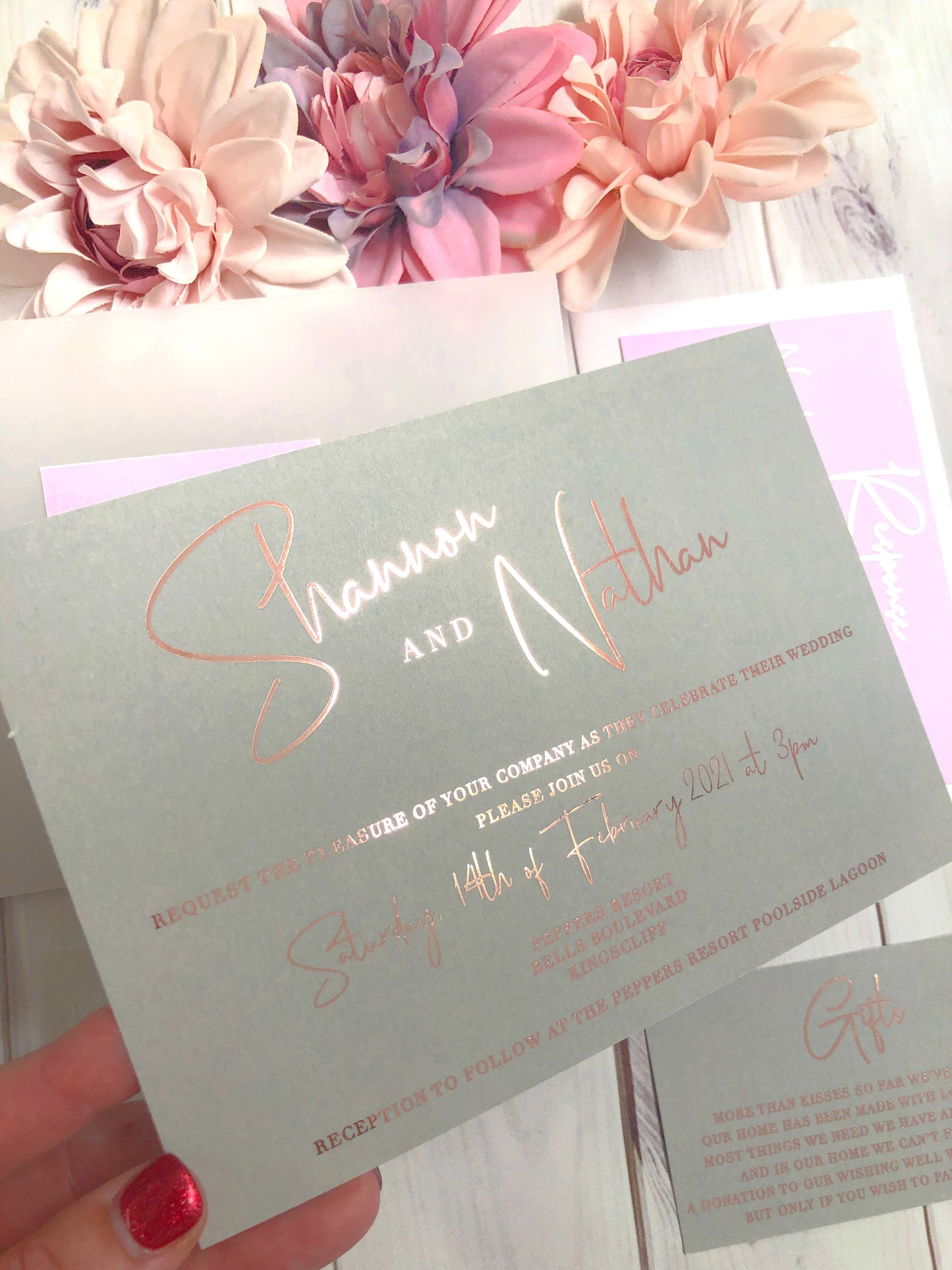 "Shannon" Grey and Pink Foil Wedding Invitation Suite - Glitzy Prints