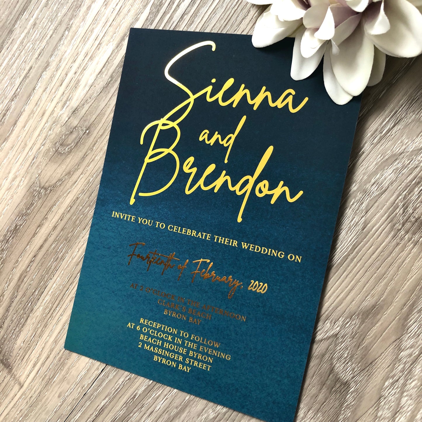 "Sienna Moody Blues" Navy Turquoise Ombre Watercolour Foil Invitation - Glitzy Prints
