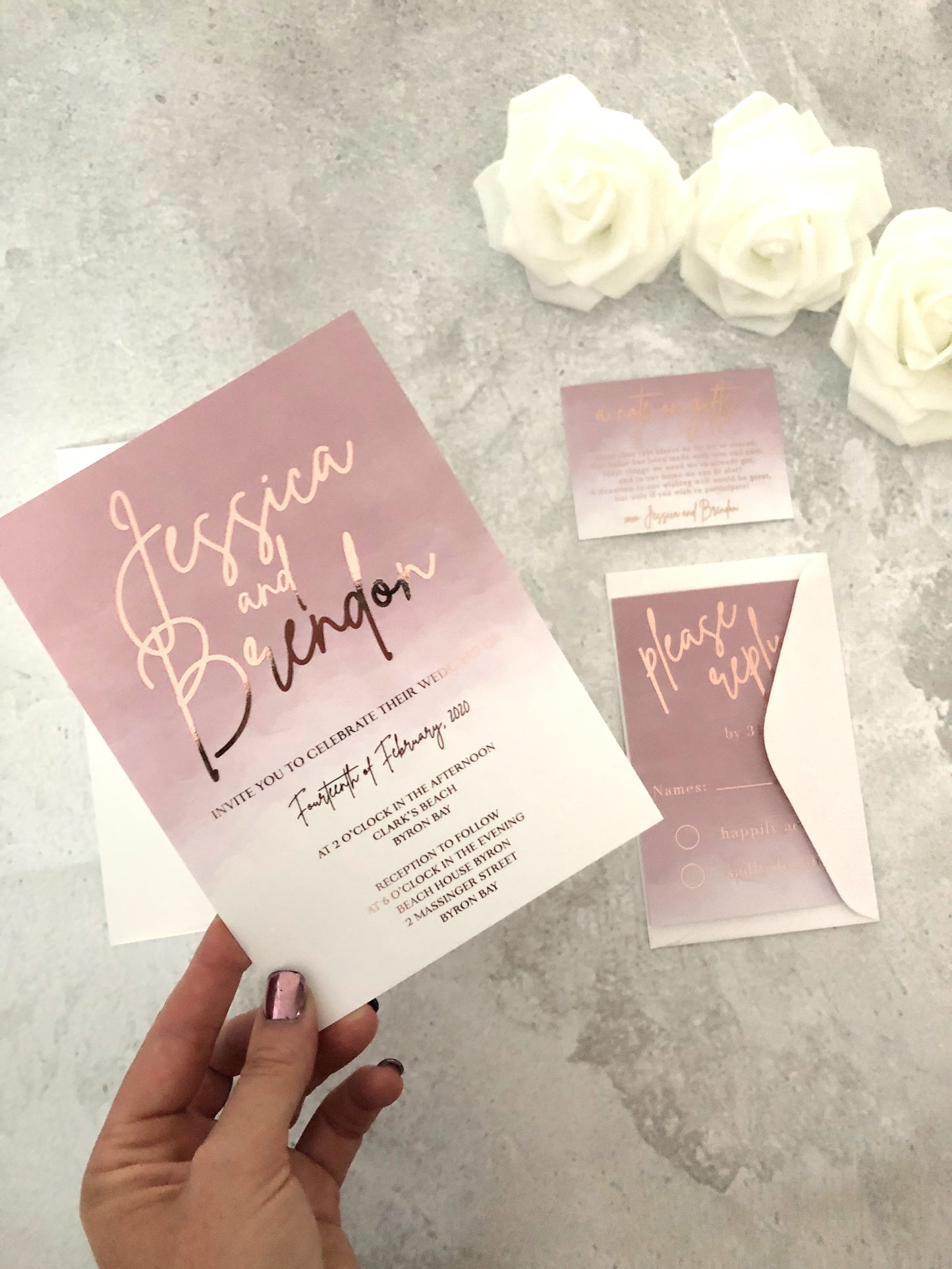 Gold Foil Wedding Invitation in Dusty Pink Watercolour - Glitzy Prints