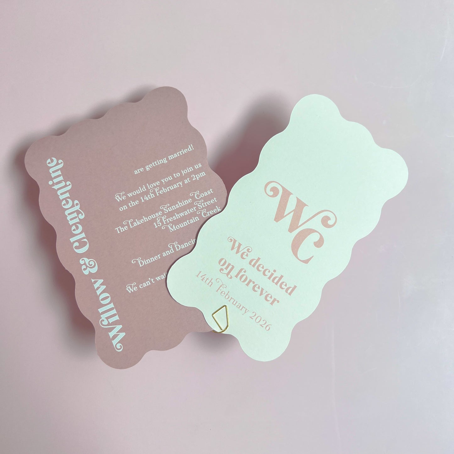 Willow Wave Shape Layered Invitation Set - Invite and Details Card in Dusty Pink and Nude
