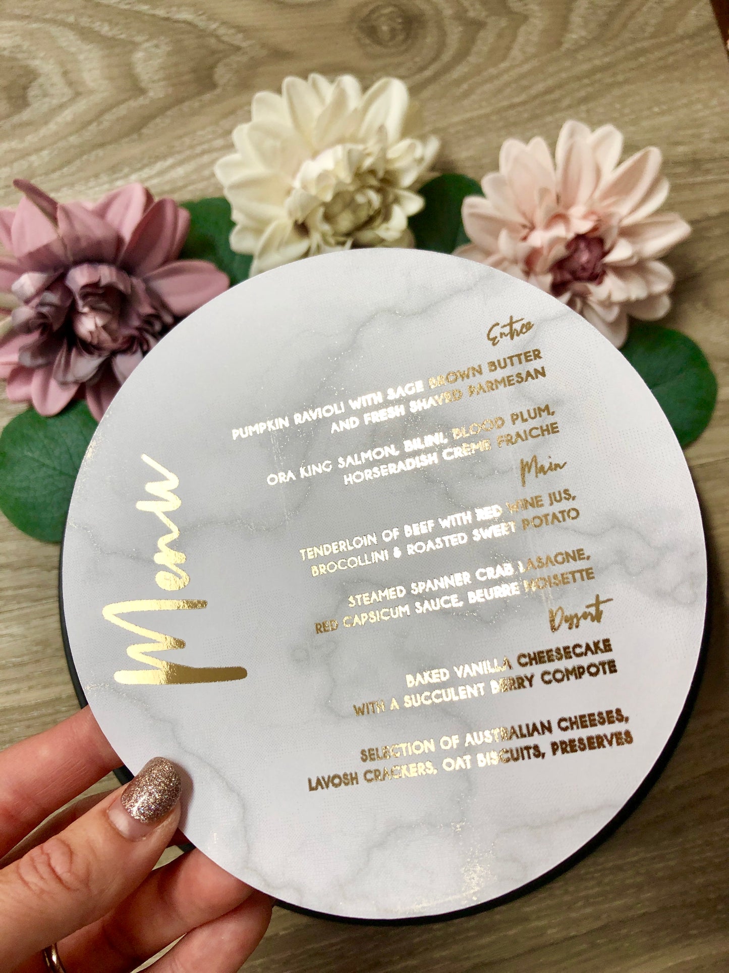 Gold or Silver Foil Round Marble Menu - Glitzy Prints