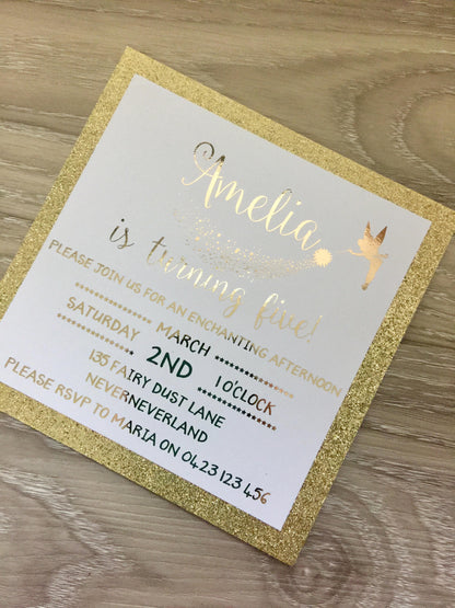 Fairy Invitation with gold glitter and gold or pink foil - Glitzy Prints