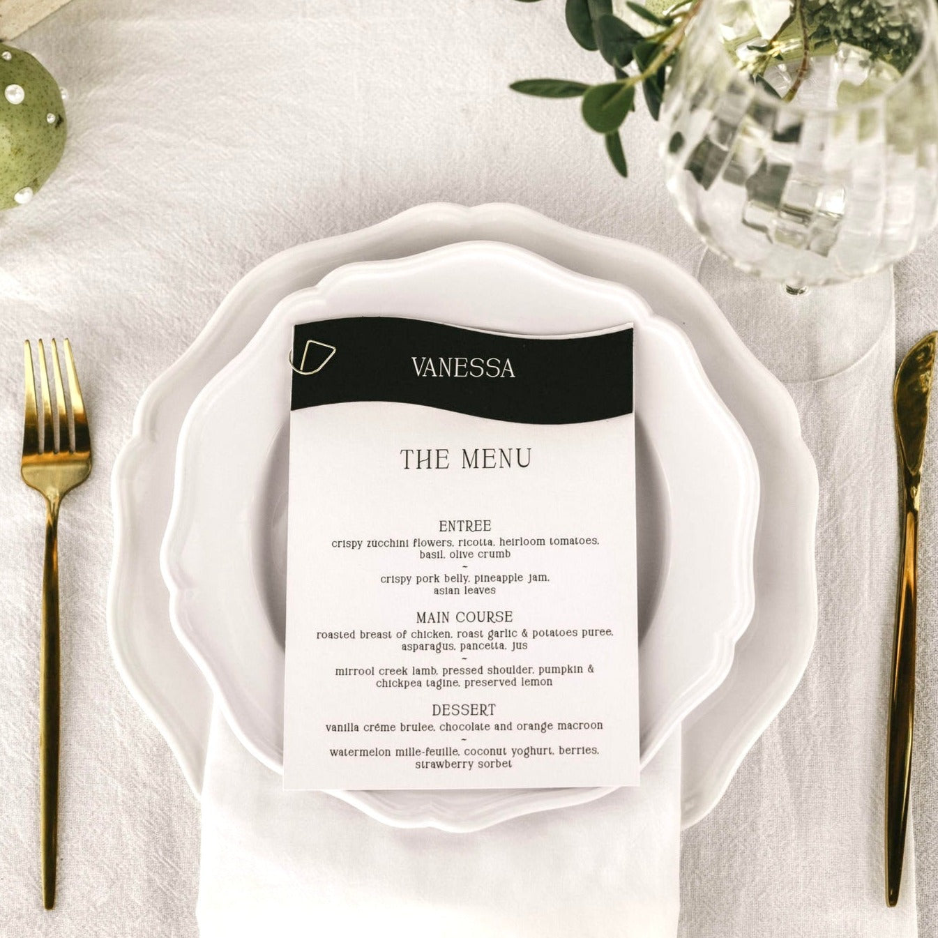 Cherished Menu  / Wedding or event Place Cards and Menus