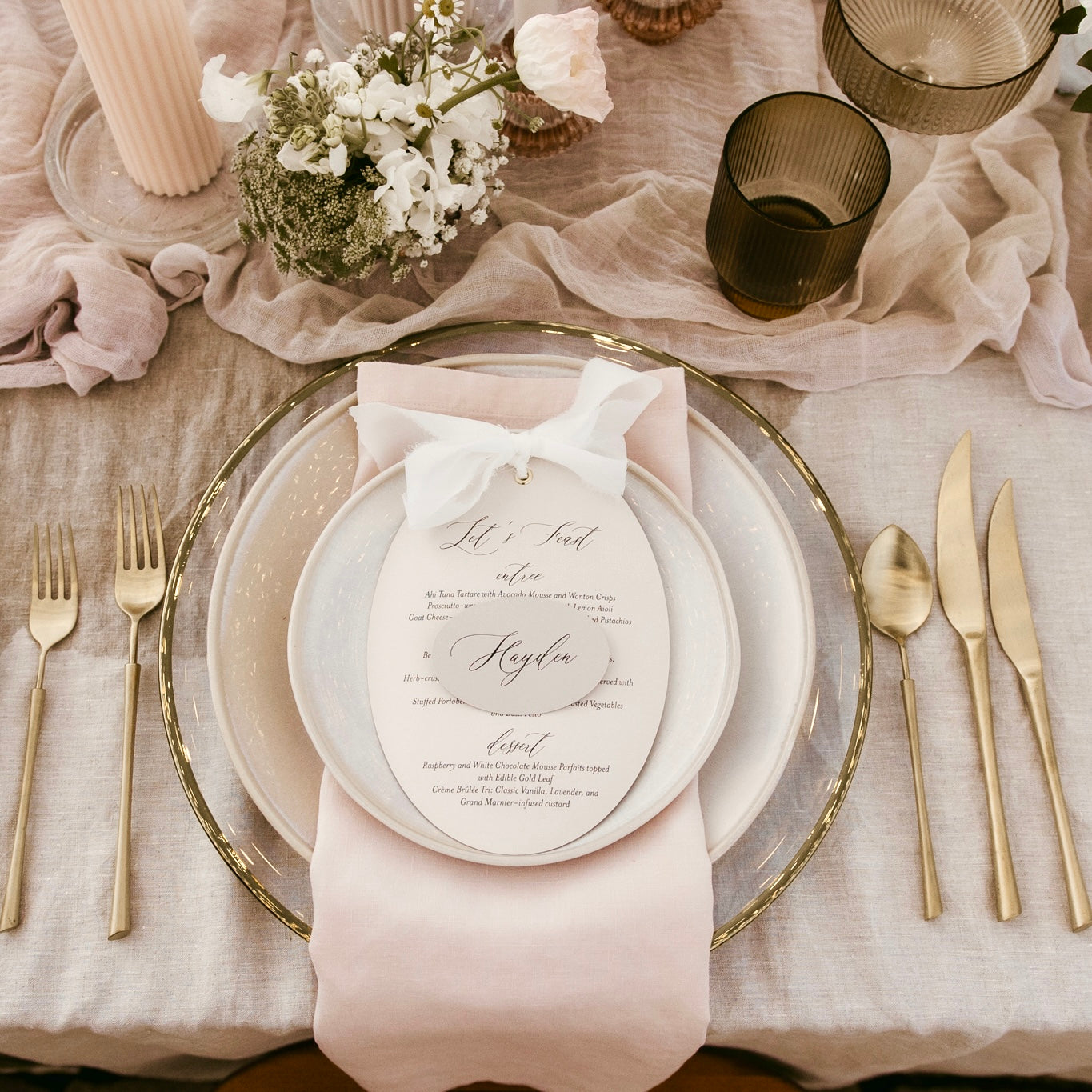 Timeless Oval Ribbon Bow Menu and or placecard