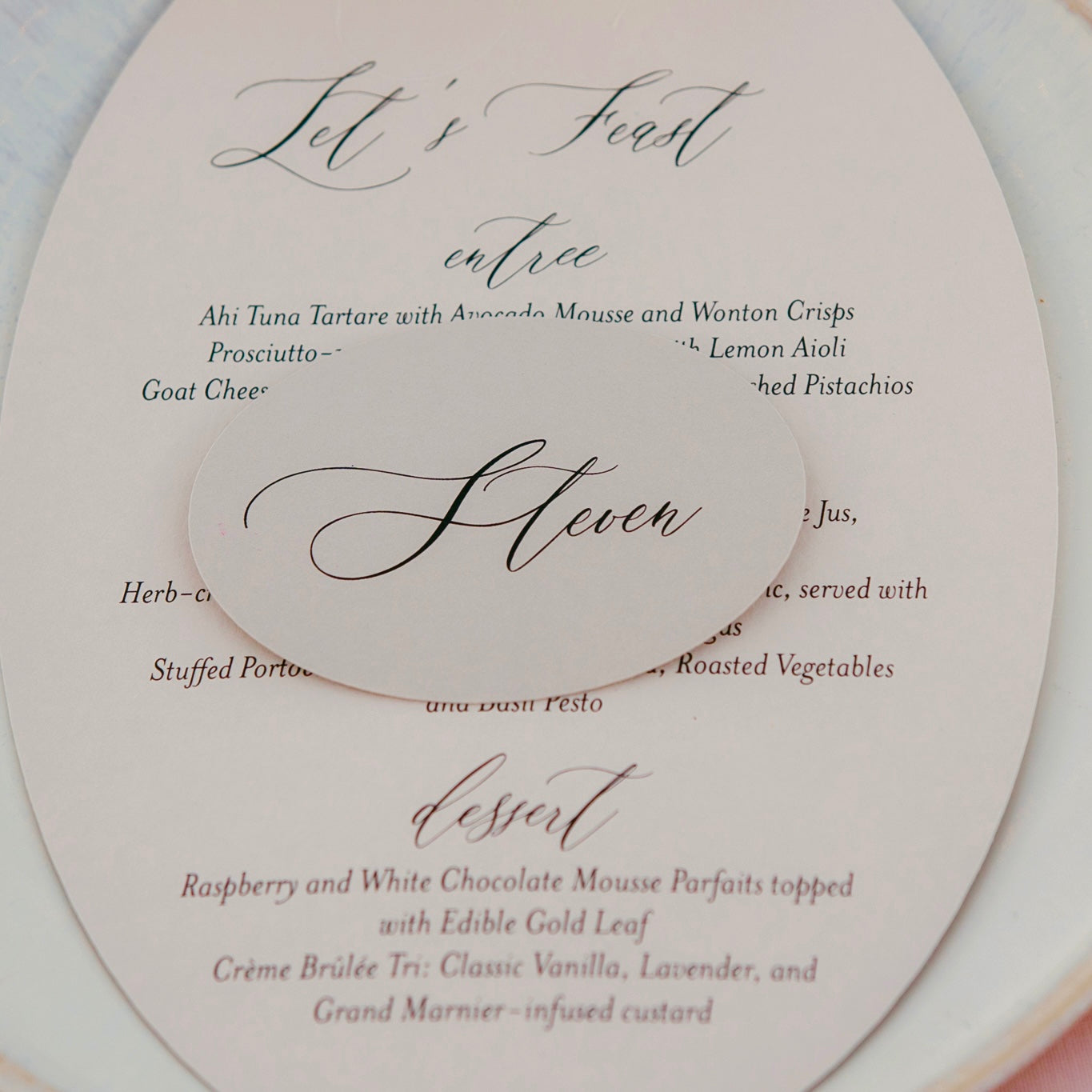 Timeless Oval Ribbon Bow Menu and or placecard