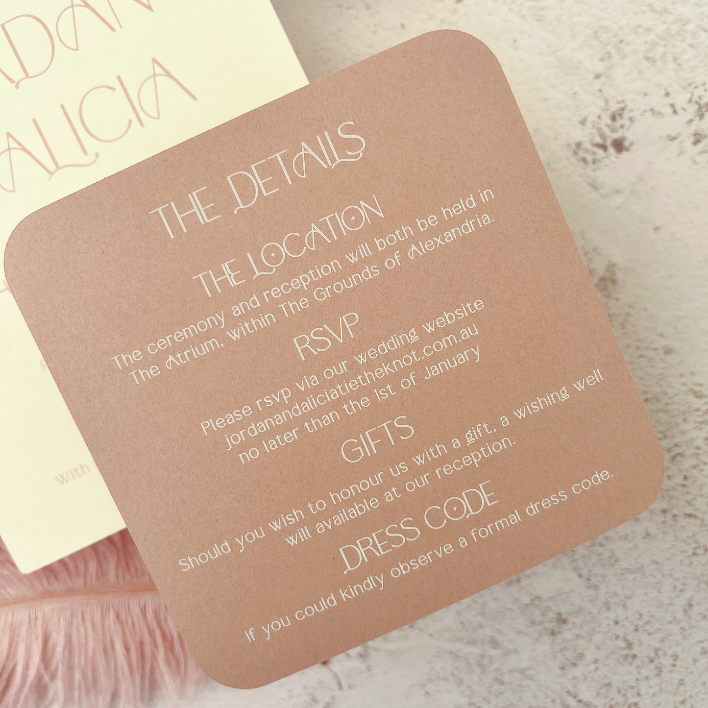 Alicia Champagne and Dusty Pink Arch Invitation