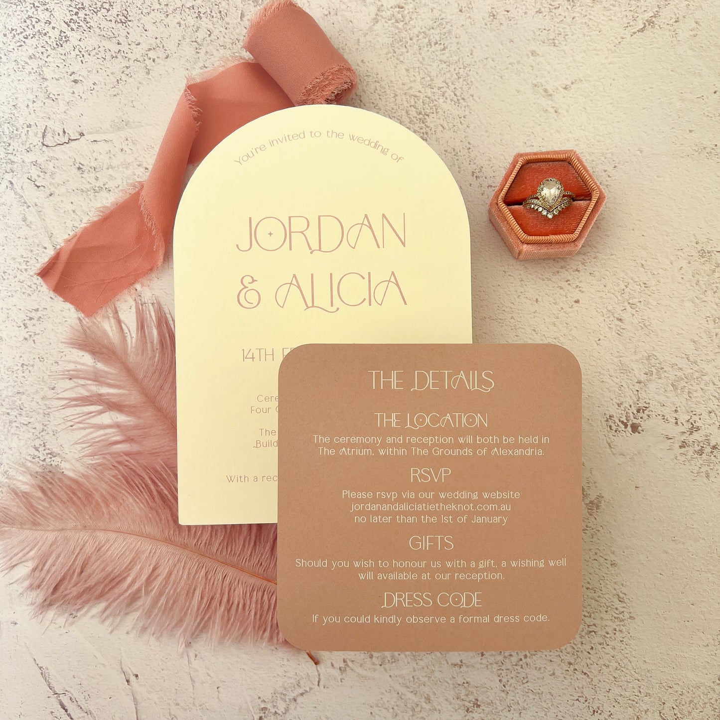 Alicia Champagne and Dusty Pink Arch Invitation