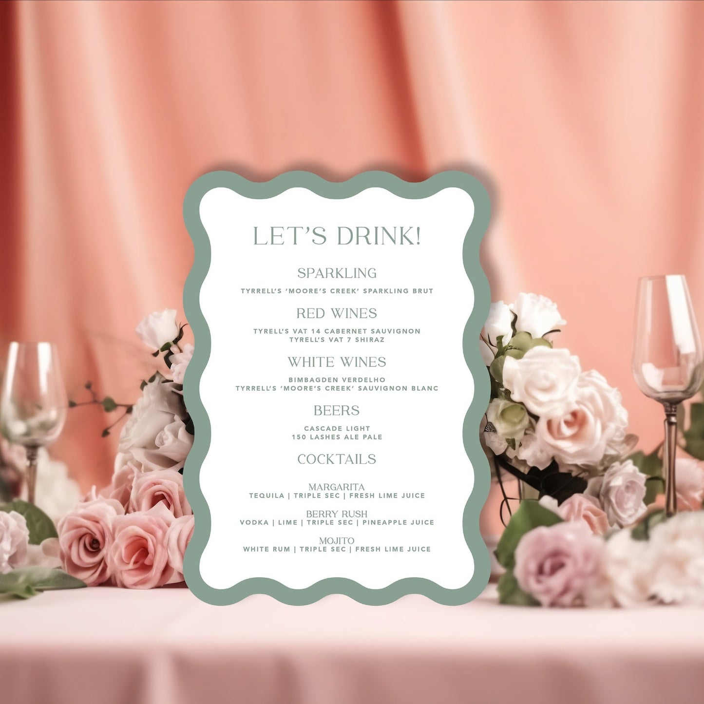Wedding Bar menu with floral decorations on a table against a pink curtain background