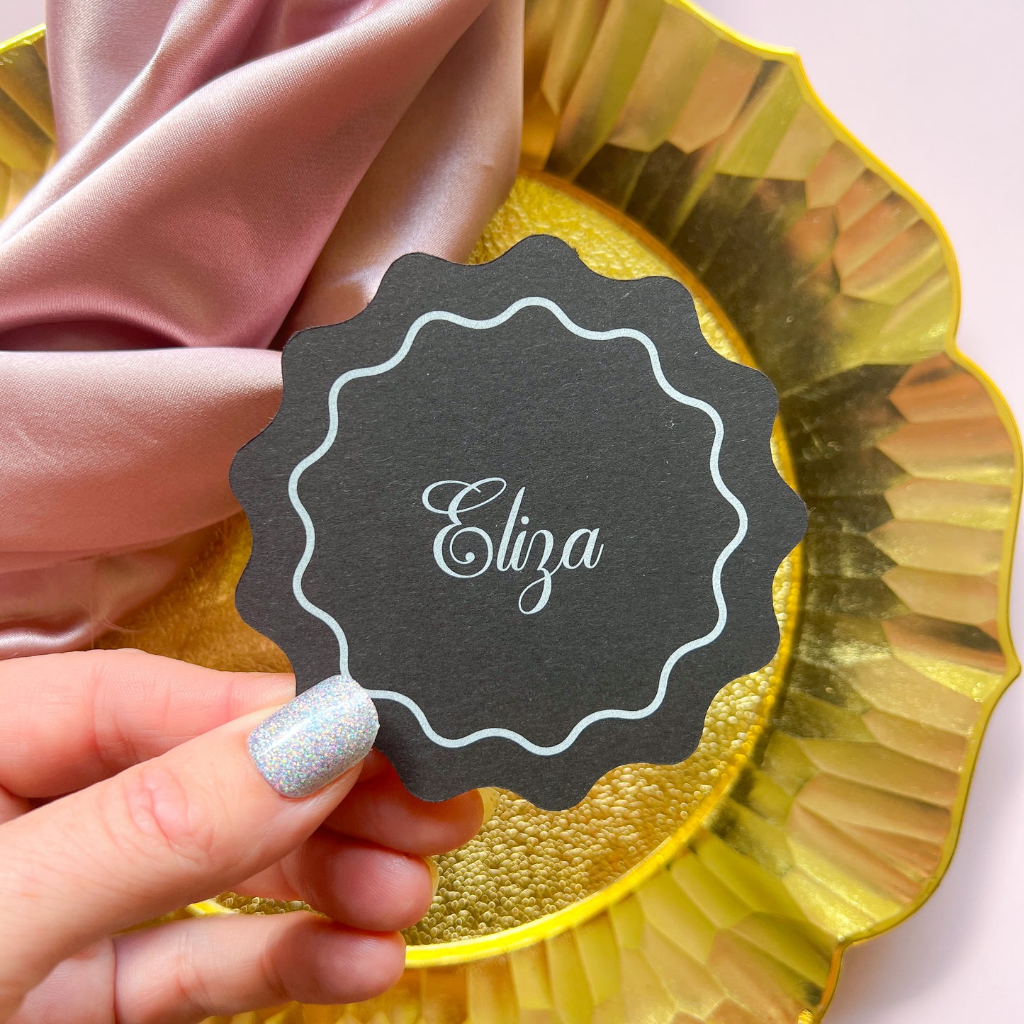 Wavy Circle Shape Place Card - choose your colour - choose your font