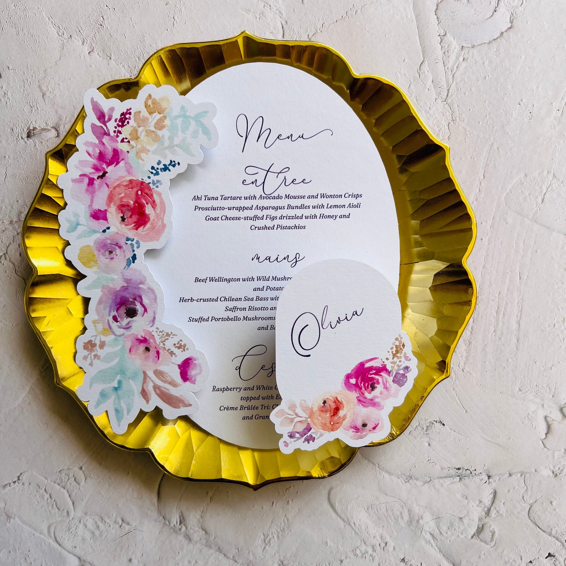 floral printed wedding menu and place card