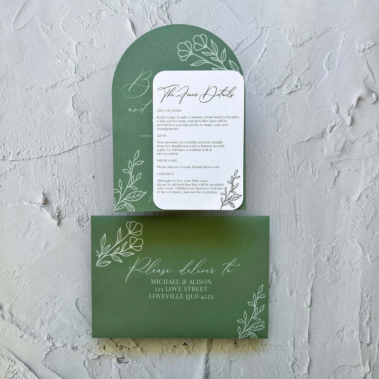 Botanical Invitation Set Sage Green - Arch Invite and Details / RSVP Card