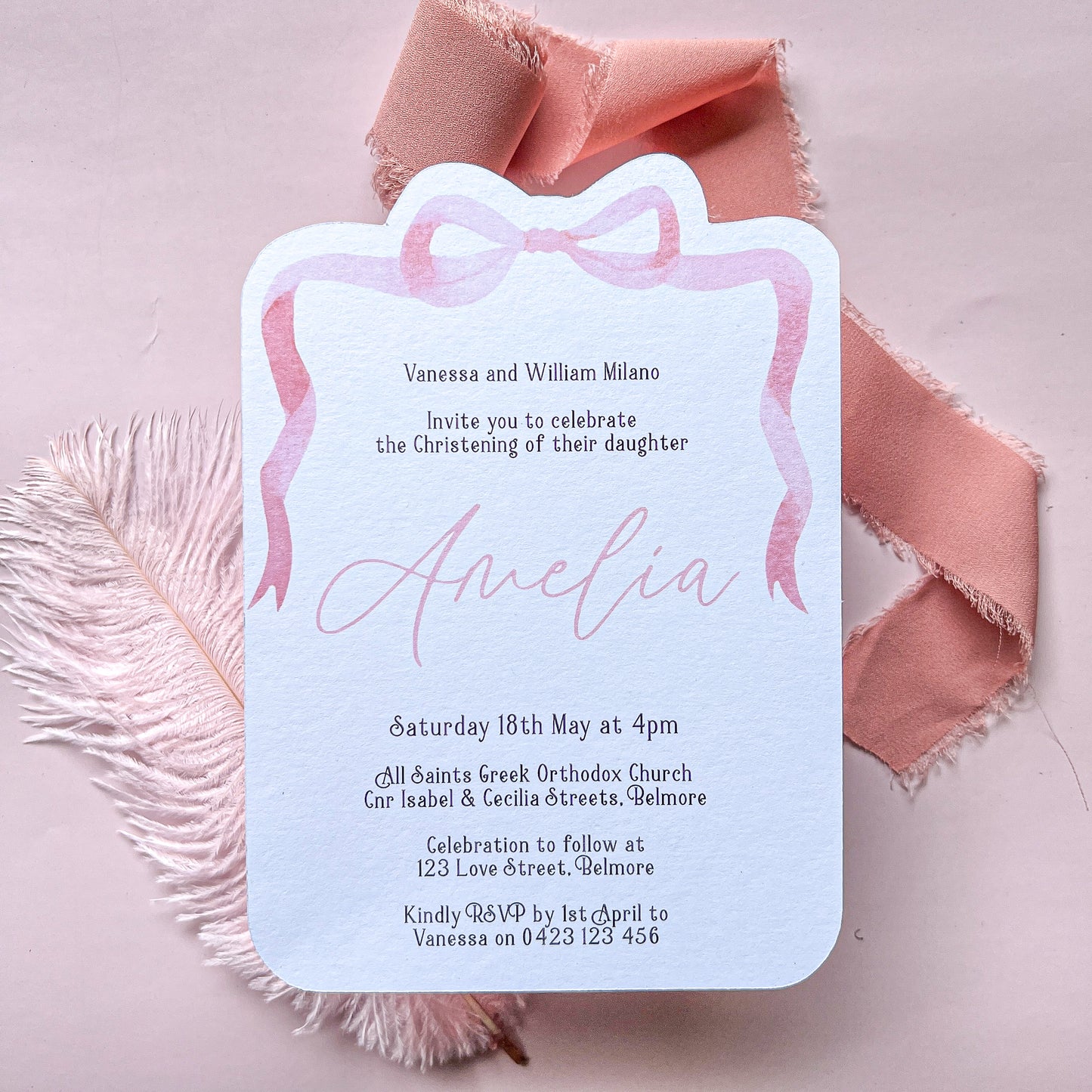 Pink Bow Christening, Baptism, Baby Shower, First Birthday Invitation
