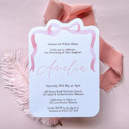 Pink Bow Christening, Baptism, Baby Shower, First Birthday Invitation