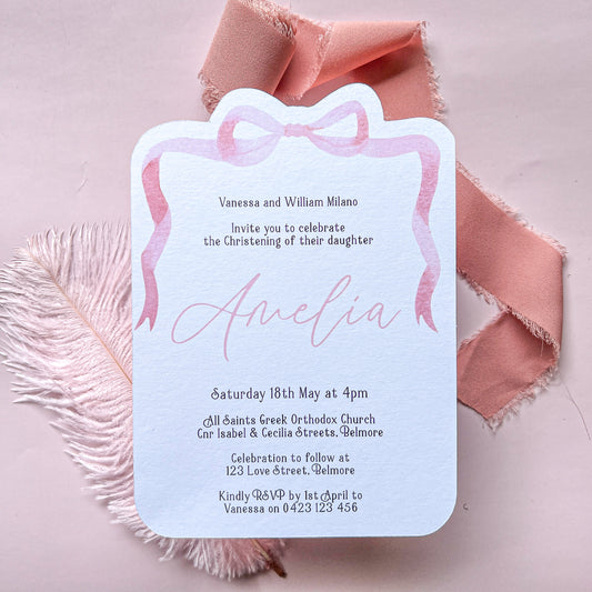 Pink Bow Christening, Baptism, Baby Shower, First Birthday Invitation