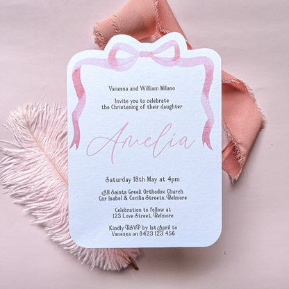 Pink Bow Christening, Baptism, Baby Shower, First Birthday Invitation