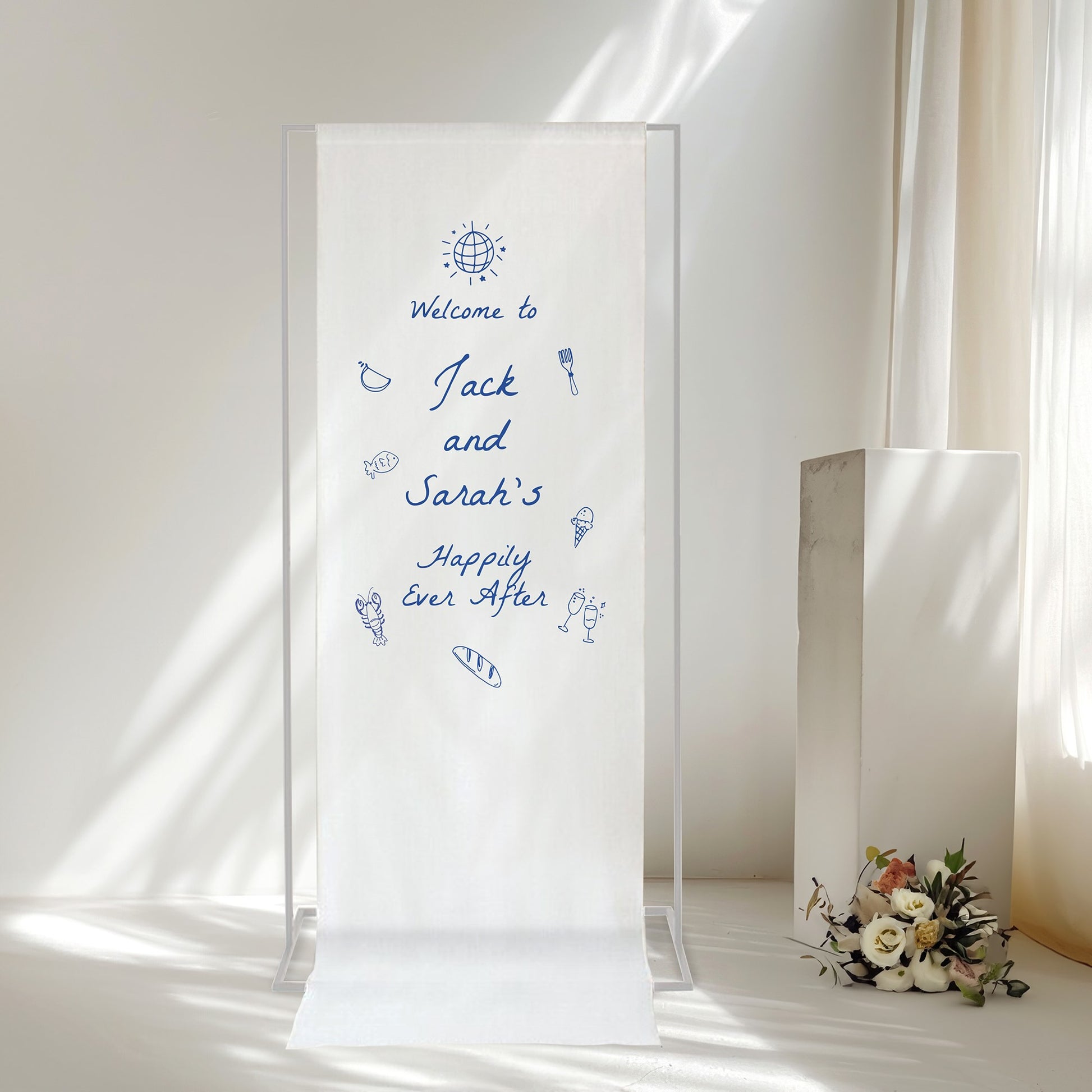Wedding welcome sign with decorative text and a bouquet of flowers on a white background