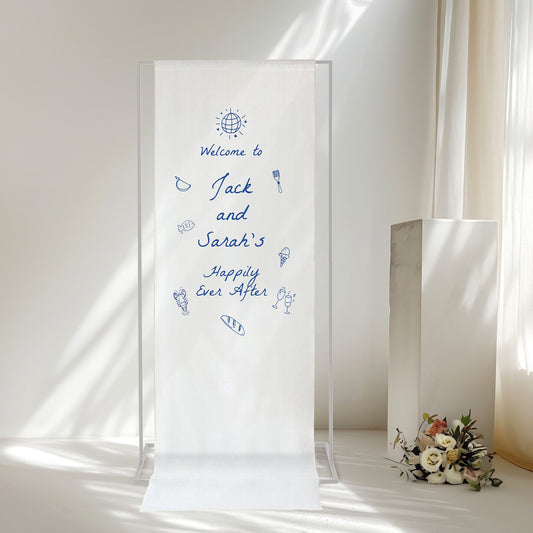 Wedding welcome sign with decorative text and a bouquet of flowers on a white background