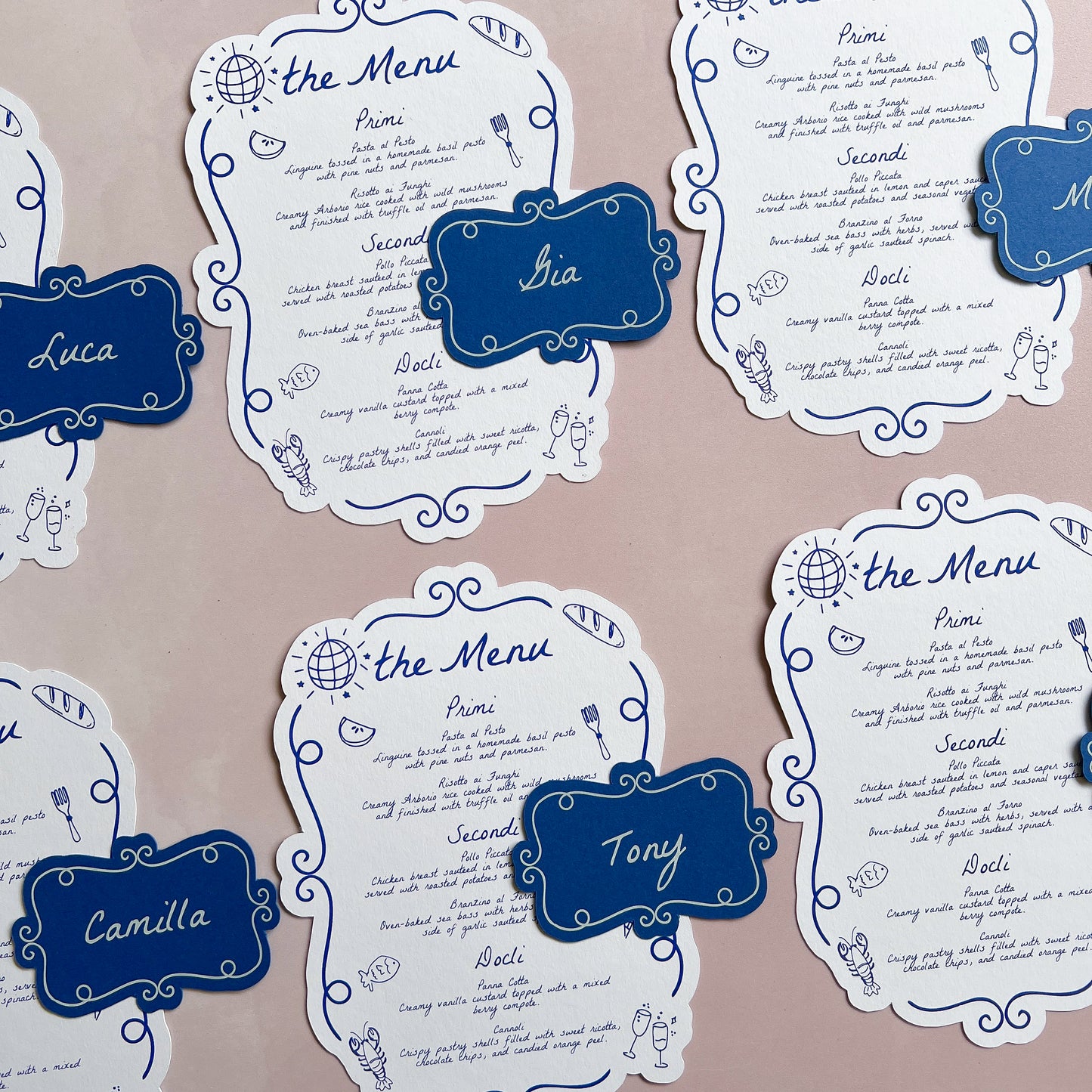 Capri Menu Blue and White Wedding or Event Place Cards and Menus