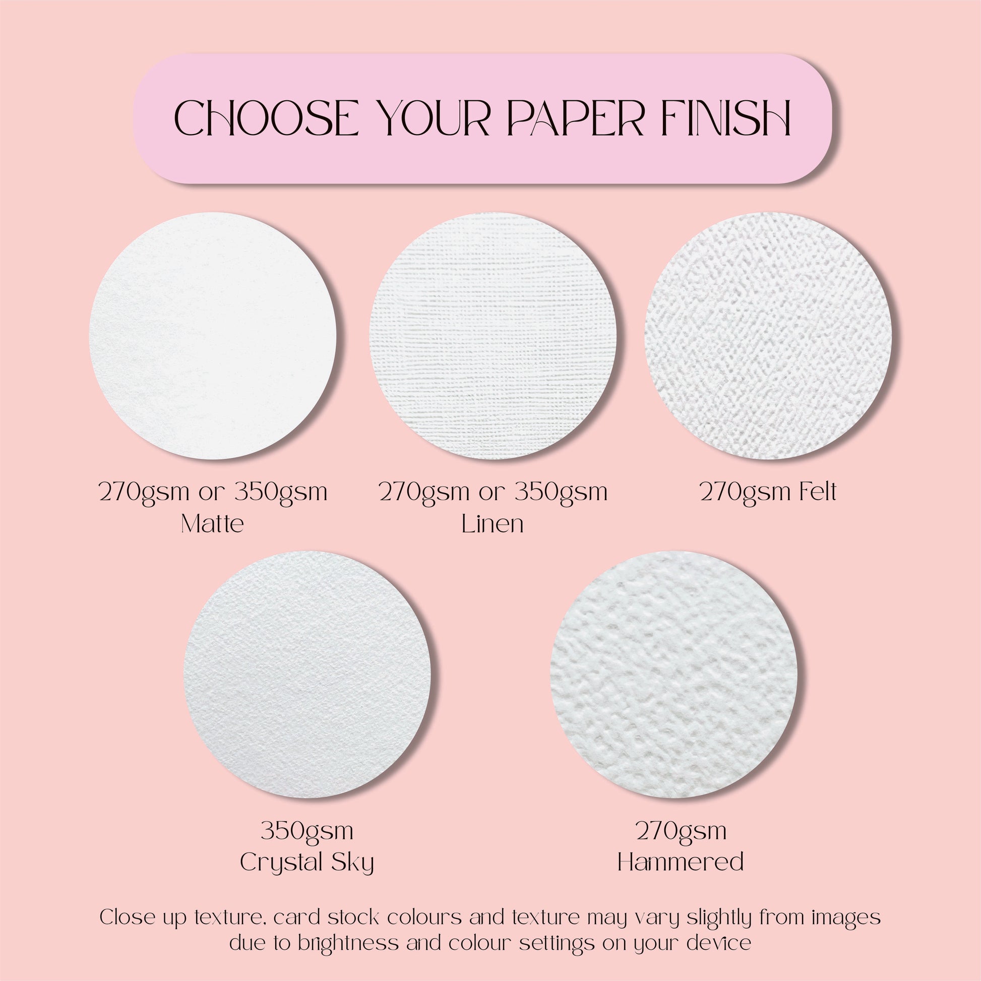 Textured paper samples with labels on a pink background
