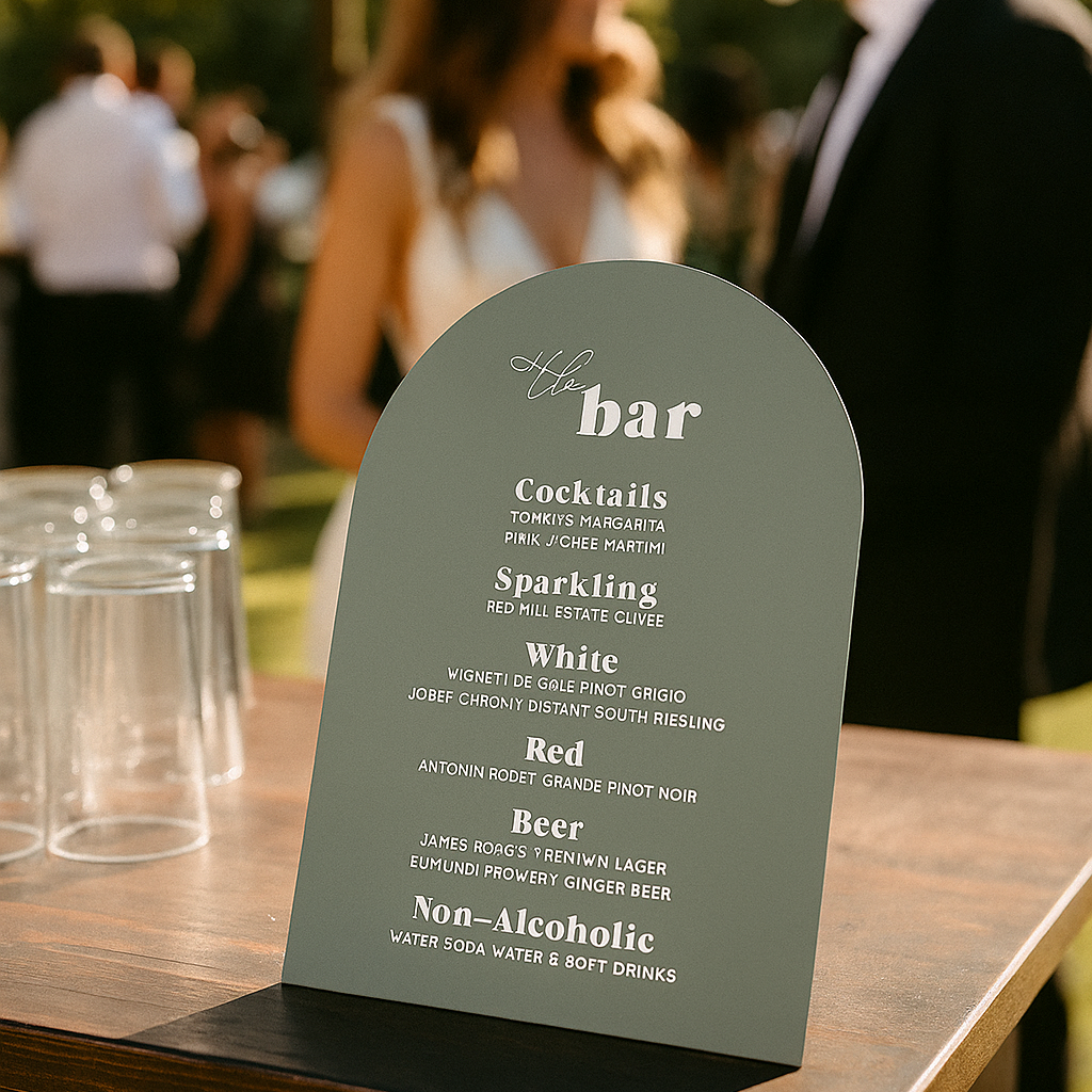 Outdoor wedding reception with a bar menu sign on a wooden table, blurred people in the background.