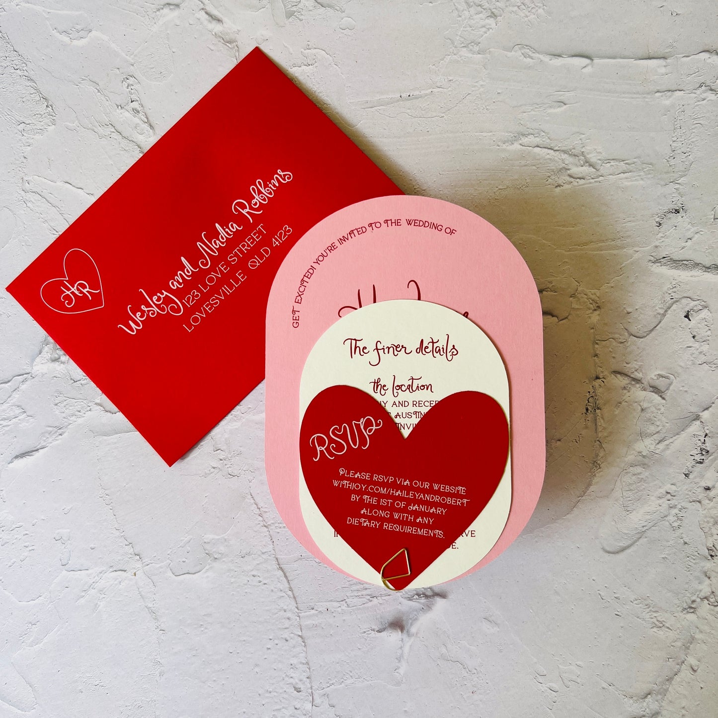 Love Notes Pink, Cream and Red Oval Wedding Invitation Set