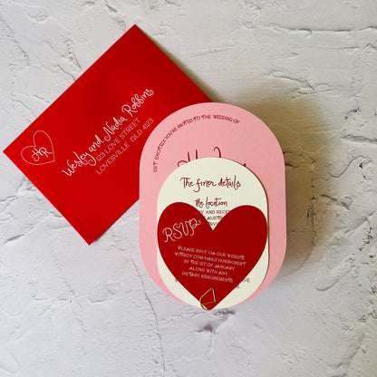 Love Notes Pink, Cream and Red Oval Wedding Invitation Set
