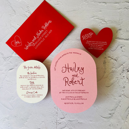 Love Notes Pink, Cream and Red Oval Wedding Invitation Set