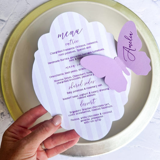 Wedding menu die cut bracket and butterfly place card