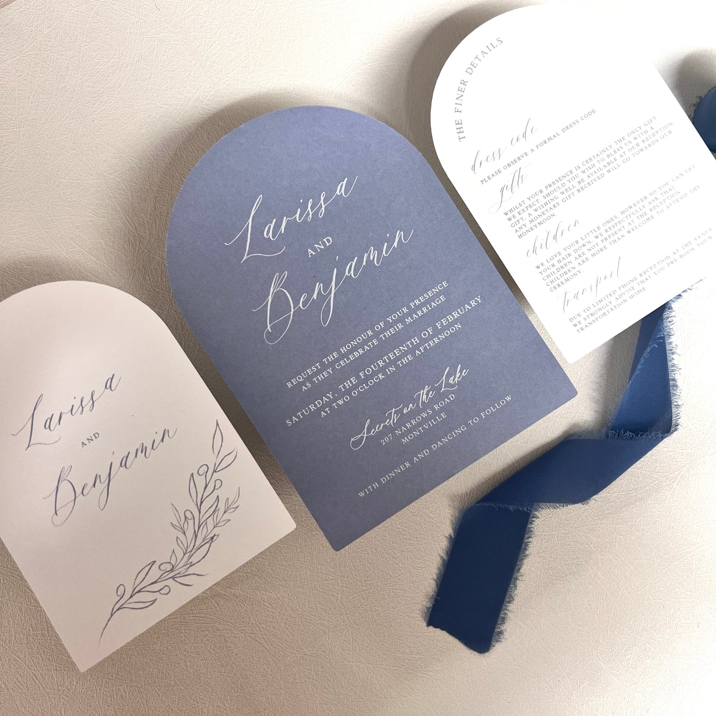 Larissa Arch Dusty Blue Invitation Set - Invite and Details / RSVP Card
