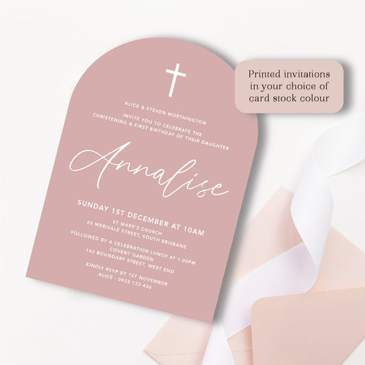 Dusty Pink Christening Baptism First Birthday Invitation