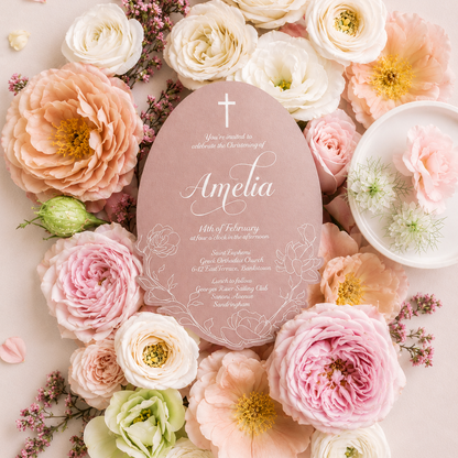 Pink floral invitation card surrounded by pink and white flowers on a light pink background