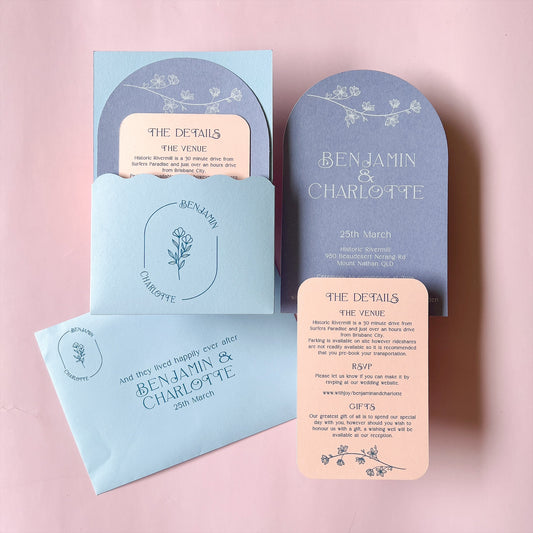 Happily Ever After Wave Pocket Arch Invitation Dusty Blue and Blush Pink or choose your colours