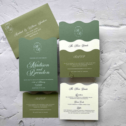 Harmonious Wavy Layered Wedding Invitation Suite- Greens
