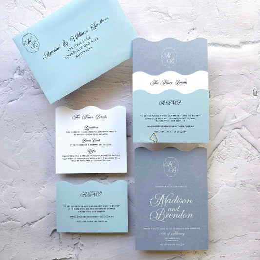 Harmonious Wavy Layered Wedding Invitation Suite- Dusty Blues