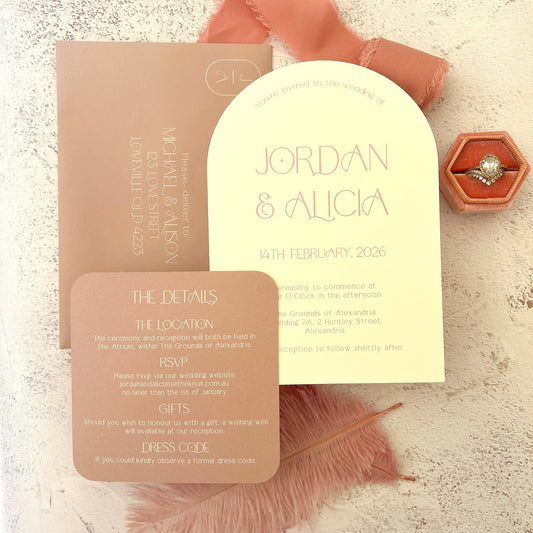 Alicia Champagne and Dusty Pink Arch Invitation