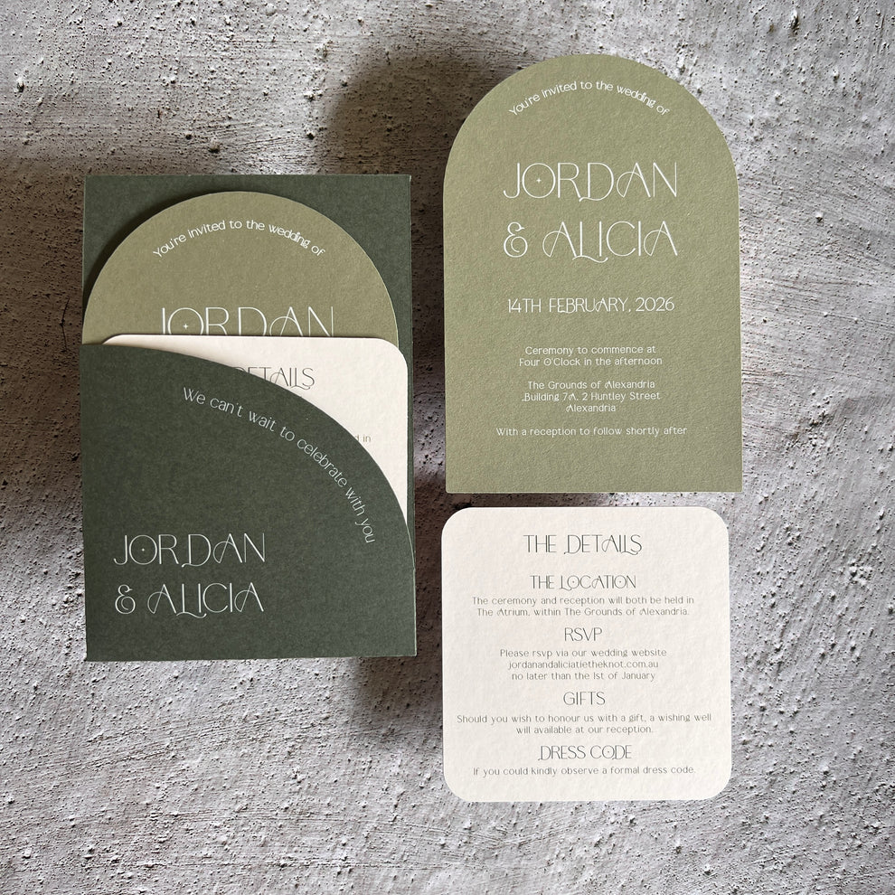 Sage Green Arch Pocket Wedding Invitation Printing Brisbane, Gold Coast