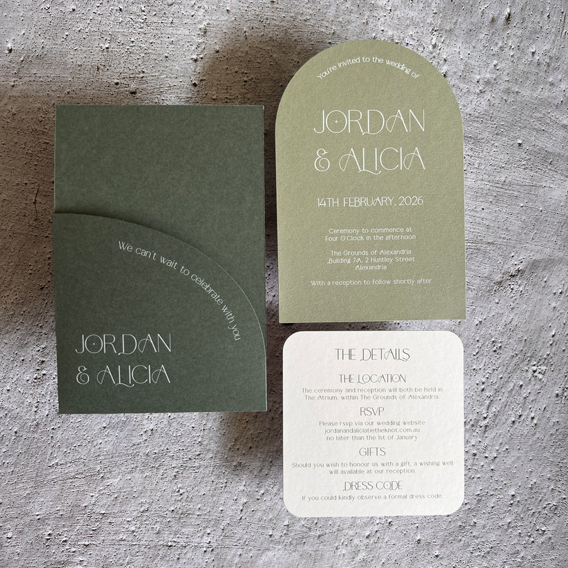 Sage Green Arch Pocket Wedding Invitation Printing Brisbane, Gold Coast