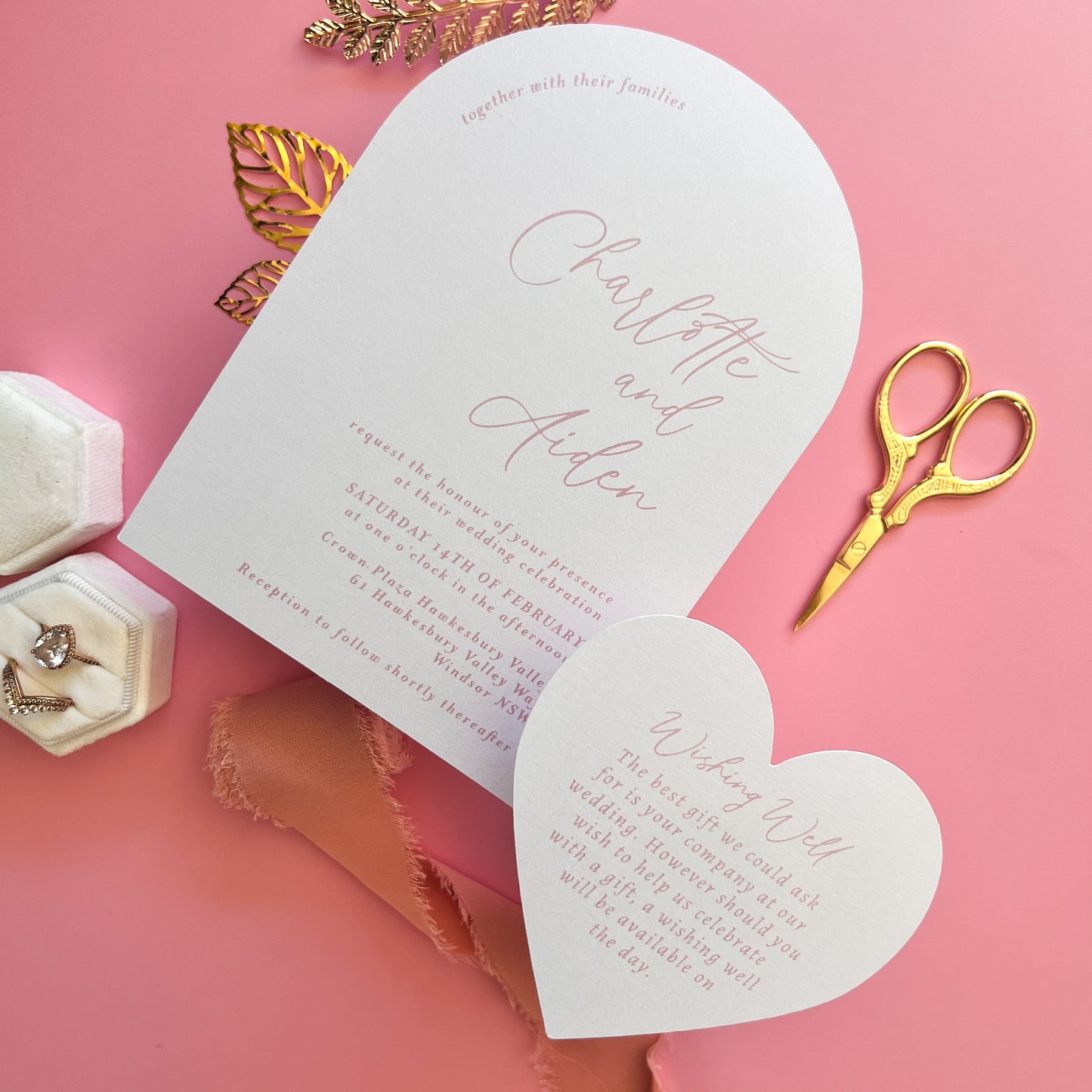 Arch and heart shaped printed wedding invitation dusty pink and white