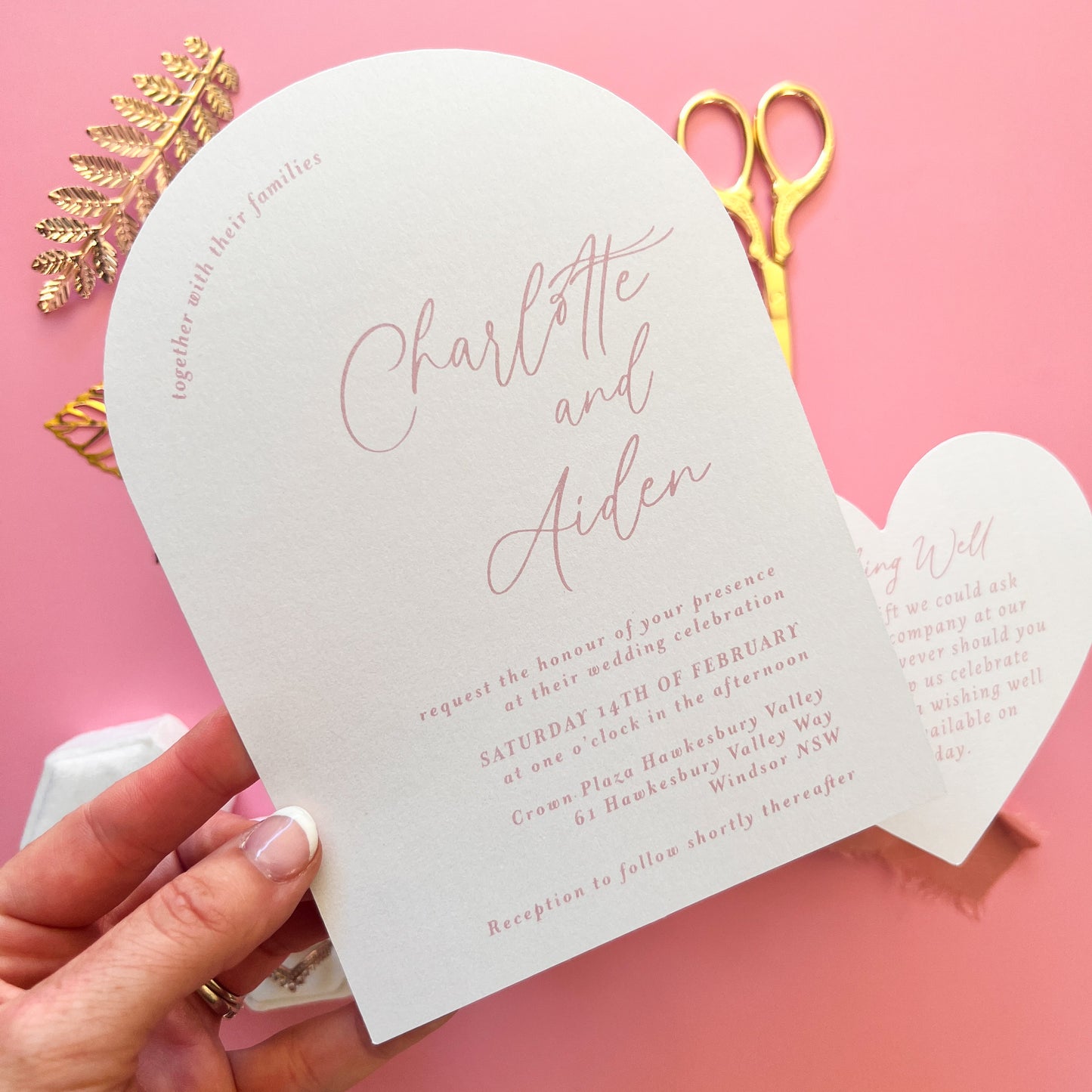 Arch and heart shaped printed wedding invitation dusty pink and white