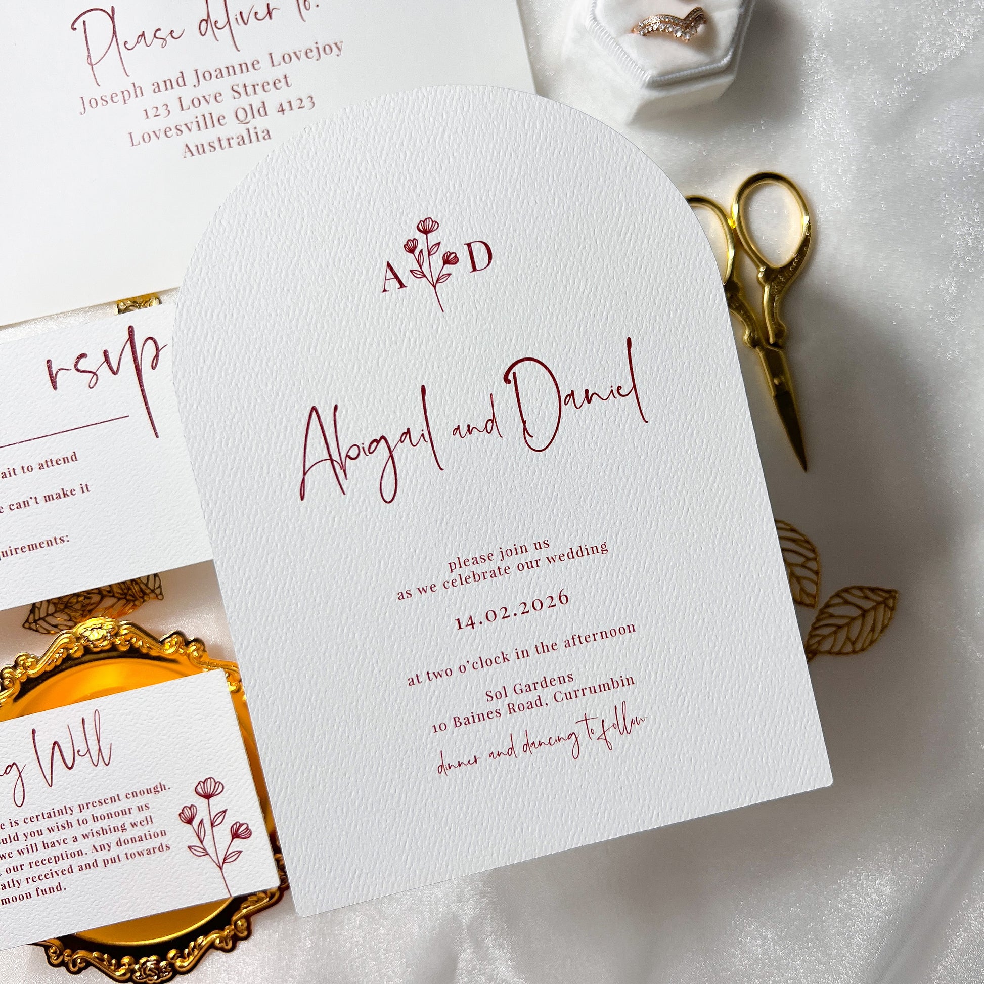 Burgundy and White Arch Wedding Invitation 1