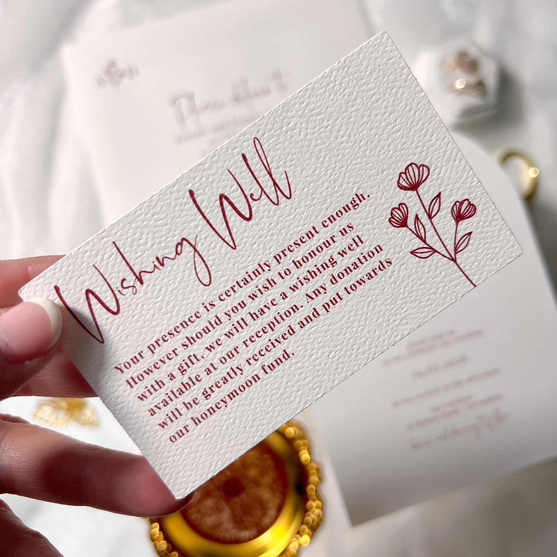 Burgundy and White Arch Wedding Invitation wishing well card
