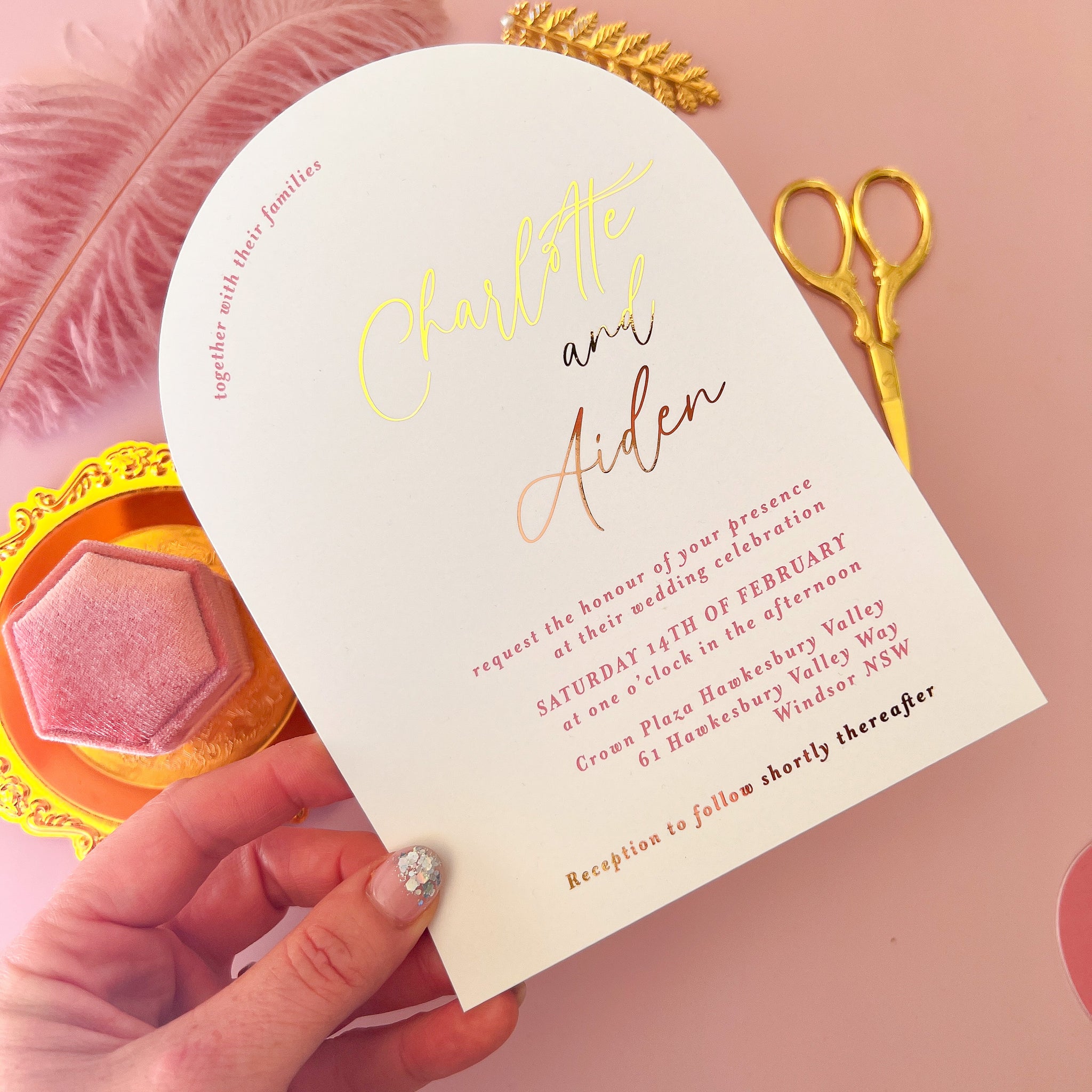 Arch Wedding Gold Foil Invitation Printing Brisbane, Gold Coast