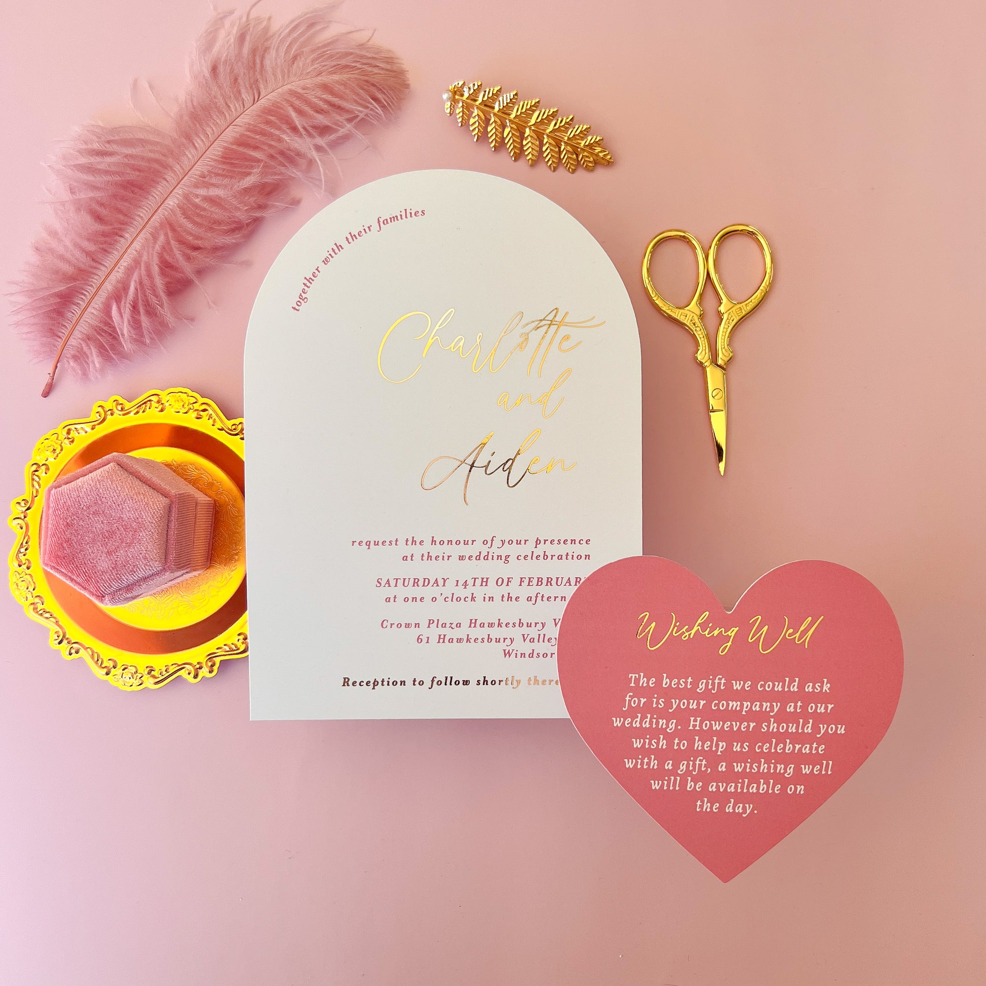 white and Gold arch foil wedding invitation 1